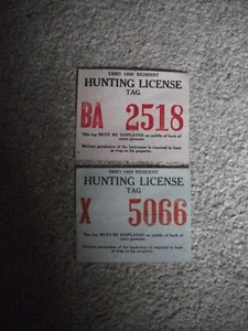 2 PC 1958 1959 Ohio Resident Hunting License Tags BA2518 GM75 FREE SHIP - Picture 1 of 2