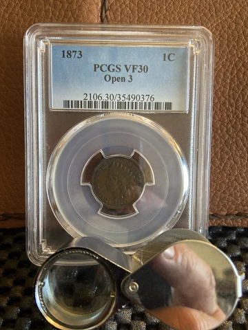 1873 Indian Head Cent - PCGS VF30 / Open 3 - Doubling on Obverse - # 490376 Cover