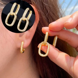 Luxury Gold Double CZ Cuban Link Chain Rectangle Huggie Drop Earrings for Women - Bild 1 von 15
