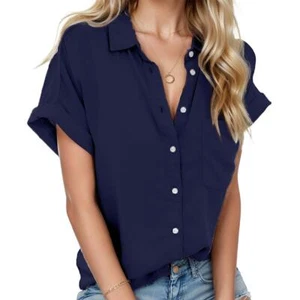 Womens Short Sleeve Shirts V Neck Collared Button Down Shirt Tops with Pockets^ - Picture 1 of 15