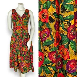 Vintage Kleid Pullover Blumen Handgemacht Hell Midi Herbst Überschnittene Taille V-Ausschnitt - Bild 1 von 14