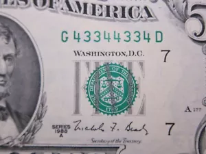 1988A $5 2 Digit Radar & Repeater Uncirculated #G43344334D - Picture 1 of 13