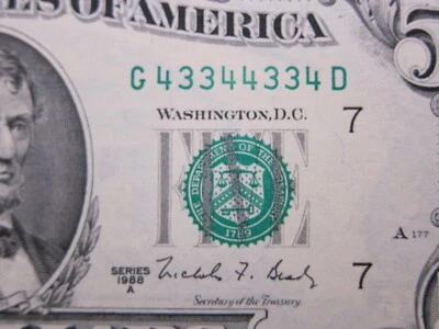 1988A $5 2 Digit Radar & Repeater Uncirculated #G43344334D - Image 1 of 4