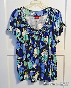 Ladies 3X NWT Top By ELLE Black, White, Turquoise, Blue Flowers, Short Sleeves - Picture 1 of 7