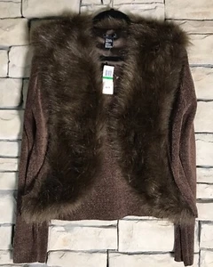 Lisa International neu mit Etikett Kunstfellbesatz Chenille schokobraun offener Pullover Gr. L - Bild 1 von 6