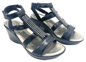 NAOT Sandals Women's 42 Pamela Strappy Wedge Heels BLACK Madras Leather Open Toe - Picture 1 of 10