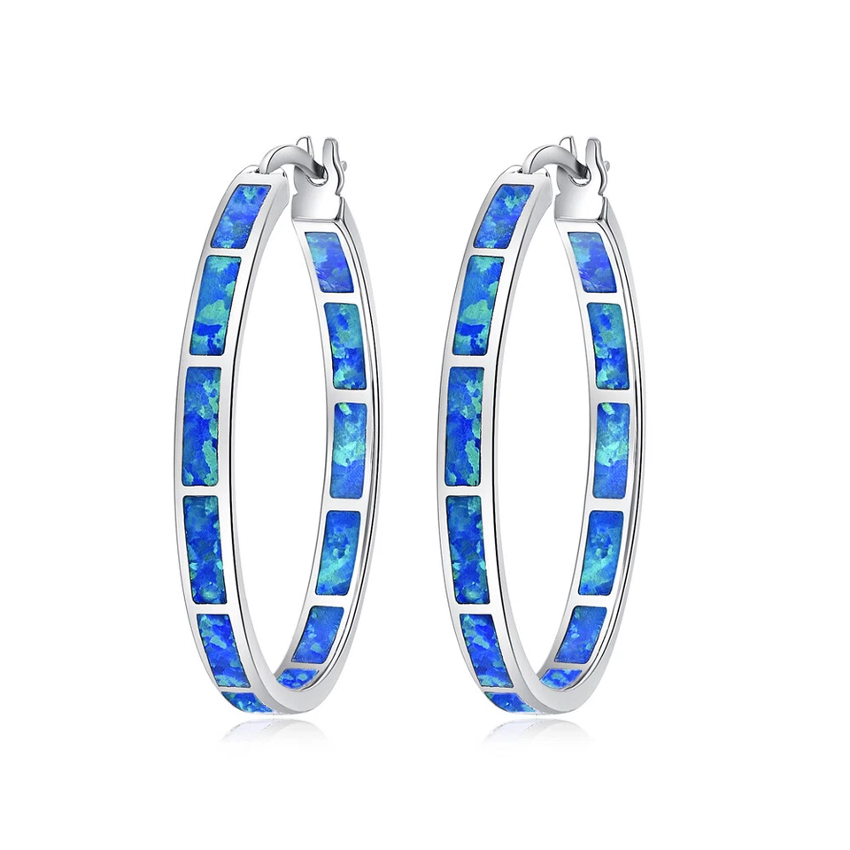 Blue Fire Opal Hoop 925 Silver Earrings Gemstone Women Jewelry - Image 1 of 4