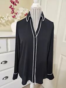 Express The Portofino Shirt Black with White Trim Chiffon Slim Fit Blouse Sz. L - Picture 1 of 14