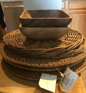 Lot 7: 13” New Rattan x3: 12” Used Wicker x2 Weave Charger Plates x2 Bowls Wood - Picture 1 of 6