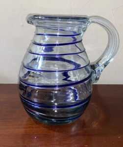 Cobalt Blue Hand Blown Swirl Art Glass Pitcher - Picture 1 of 7