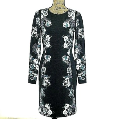 Antonio Melani Dress 6 Black Muted Purple Teal Floral Long Sl Stretch  - Image 1 of 4