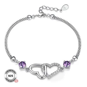 Silberarmband 925 Sterling Silber Armband Charm Damen Doppelherz Diamant Kette - Bild 1 von 9