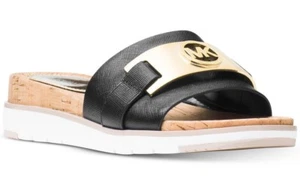 Neu Michael Kors Warren Slide Keilabsatz Sandalen schwarz metallic Logo Leder Plateau - Bild 1 von 3