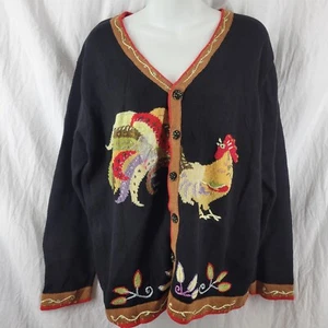 Vtg J TWO NEW YORK Rooster Cardigan Novelty Sweater Womens L Teacher Grannycore - Picture 1 of 5