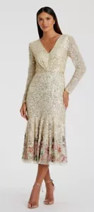 Vestido midi Mac Duggal A5589 envolvente sintético manga larga hasta el té lentejuelas cuentas 6 - Imagen 1 de 13