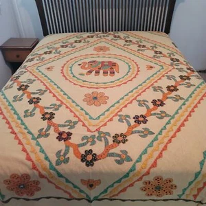 Elephant coverlet bedspread blanket 2 pillow cover Queen Full Applique Hand-Sewn - Picture 1 of 8