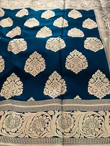 Sari de seda banarasi satinado azul marino - Imagen 1 de 13