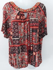 BHS Ladies Tunic Tshirt Top Size 18 Multicoloured Cold Shoulder Beaded Neck Line - Picture 1 of 10