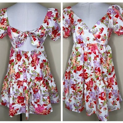 Jessica Simpson Babydoll Dress w Pockets Small Floral Vneck Puff Sleeve Mini New - Image 1 of 4