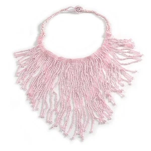 Statement Glass Bead Bib Style/ Fringe Necklace In Baby Pink Colours - 38cm - Picture 1 of 6
