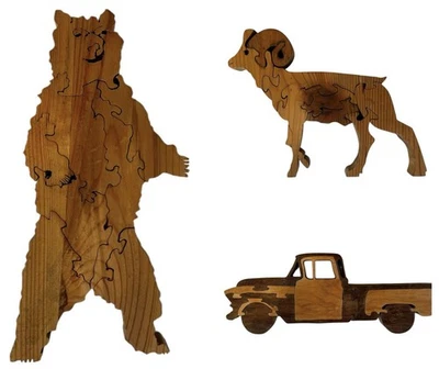 Conjunto de 3 quebra-cabeças de madeira cortados à mão - urso, ovelha chifre grande, caminhão - Imagem 1 de 4