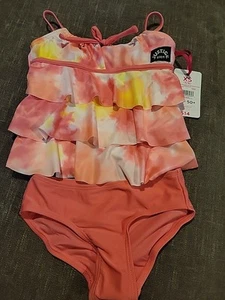 Justice Girls Tankini Swimsuit Pink Tie Dye 5/6 Lined Ruffles Logo 2 Piece Set - Picture 1 of 5