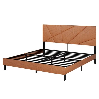 King Size Bed Frame with Under-bed Storage Upholstered Headboard Brown Metal+MDF - Image 1 of 4