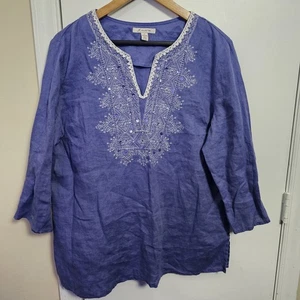 Womens JM Collection 100% Linen Embellished Purple 3/4 Sleeve Tunic Sz 16 Blouse - Picture 1 of 4