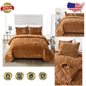 Queen 3pc Distressed Velvet Quilt Set Caramel Gold Luxurious Super Soft - Picture 1 of 8