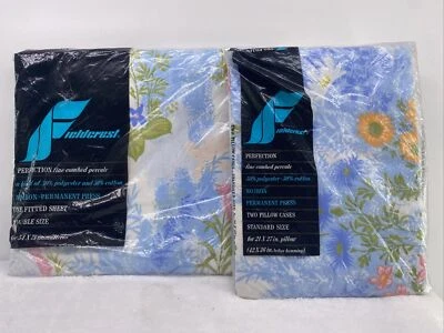 Vtg Fieldcrest Perfection Tropical Floral Double Fitted Sheet And Pillow Cases - Image 1 of 4