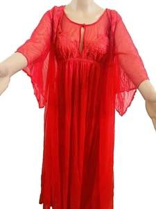 Vintage 60er Jahre transparentes Chiffon Peignoir 2-teiliges Set roter Morgenmantel & langes Nachthemd Komar USA Gr. M - Bild 1 von 24