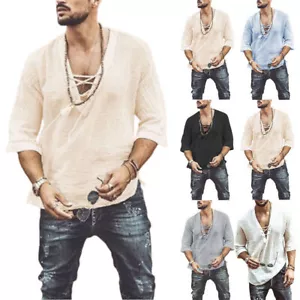 Mens Lace-Up V-Neck Henley Shirt Half Sleeve Beach Hippie Tee Summer Casual Top~ - Picture 1 of 6