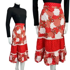 VINTAGE 60s 70s RED WHITE GREEN FLORAL GINGHAM PATCHWORK BOHO FOLK SKIRT 8 - Picture 1 of 6