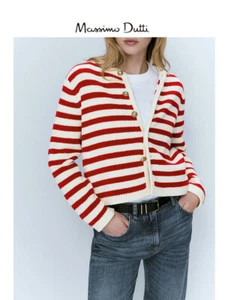 Massimo Dutti rot-weiß gestreifter Strickpullover Mantel mit Rundhalsausschnitt - Bild 1 von 6