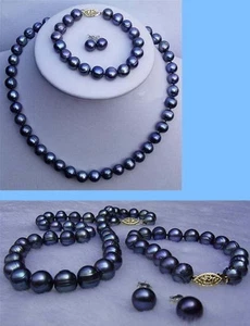 9-10mm Black Tahitian Natural Pearl Necklace Bracelet Earrings Jewelry Set - Picture 1 of 3