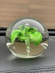 Paperweight clear globe with green flower Glass - Picture 1 of 5