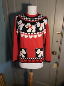 Vintage Red Sweater Scotty Dogs Red Bows Size L In Design - Picture 1 of 6