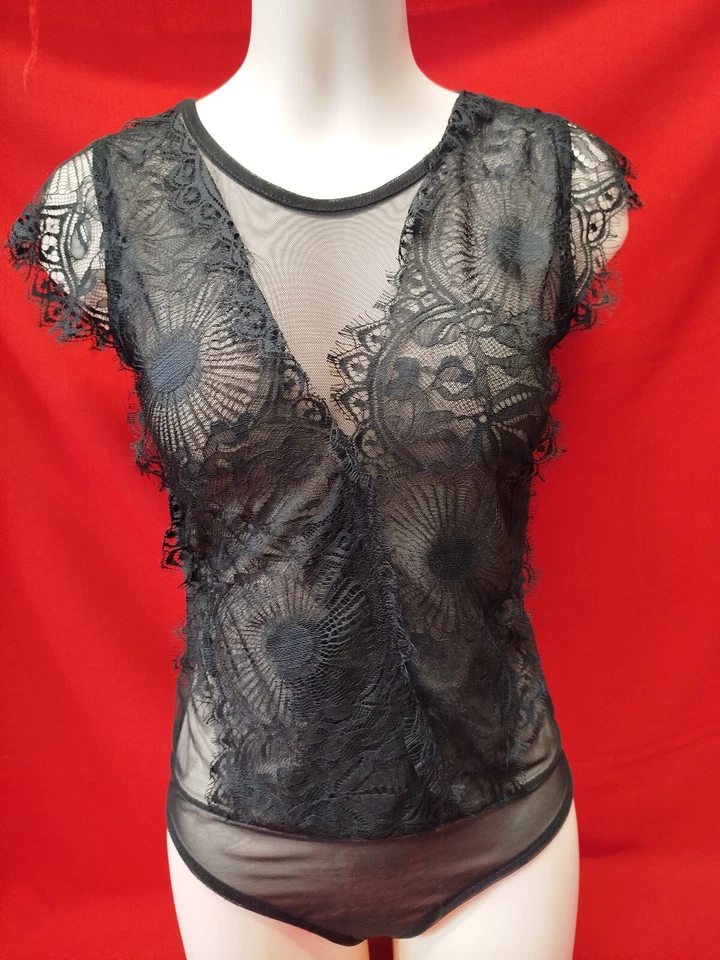 SEXY Body nero traforato trasparente con spalline senza manica lunga M - Immagine 1 di 4