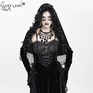 Eva Lady Women Black Gothic Flower Fringed Velvet Hooded Cloak With Long Gloves - Bild 1 von 21