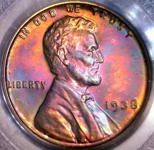 1938 CH PROOF Lincoln Wheat Cent getönte PRF Münze schöner REGENBOGENTON NR - Bild 1 von 6