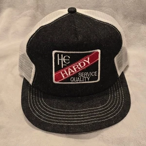 HE HARDY SERVICE QUALITY Black Denim White Mesh Trucker Hat Embroidered Patch - Picture 1 of 3