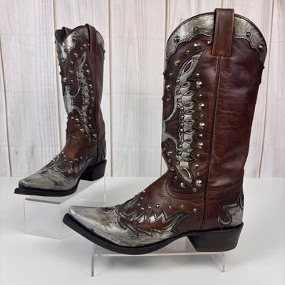 Stetson 皮革牛仔靴铆钉西靴银色口音棕色 7.5 — 第 1/4 张图片