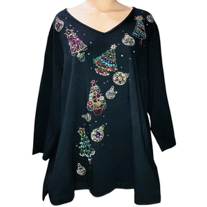 VTG Quacker Factory Christmas Tree Sweater Black Womans Beaded V-neck Plus Sz 2X - Picture 1 of 5