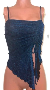 Y2K Blue Lurex Asymmetrical Sparkle Halter Top NWT Drawstring Detail Going Out M - Picture 1 of 3