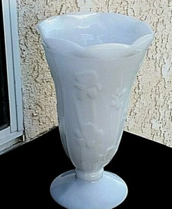 Jeanette 9" Milk Glass Footed Vase With Iris & Herringbone Design - Picture 1 of 7