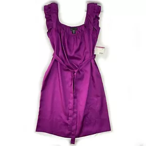 NOS Apostrophe Belted Ruffle Shoulder Dress Sz Small Misses Vibrant Plum Sateen - Picture 1 of 5