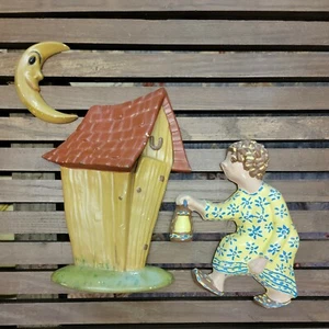 Vintage Wall Hanging Outhouse With Arnels Moon Ceramic Bathroom Lady w Lantern - Picture 1 of 8