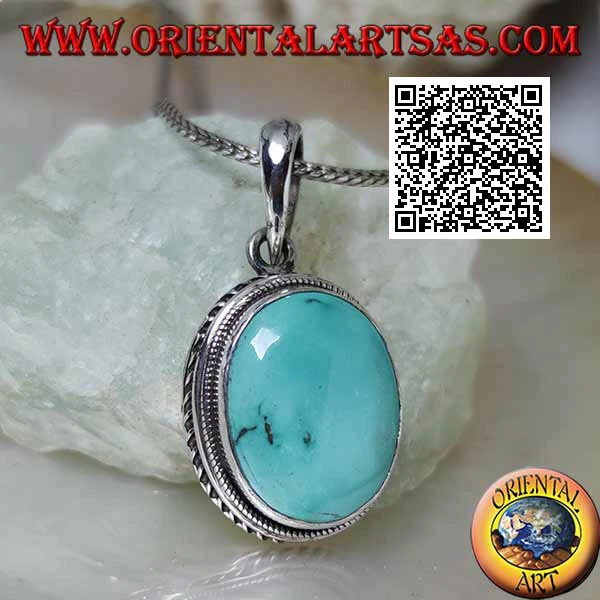 Ciondolo in Argento 925‰ turchese naturale ovale con intreccio e linea elicoidal - Immagine 1 di 1