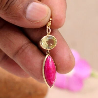 Ciondolo quarzo limone rubino placcato oro argento sterling 925 gioielli rega... - Immagine 1 di 4