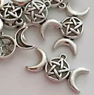 QWYRKY CRAFTS Tibetan Silver Charms Triple Moon Pentagram Pagan 30mm x 16mm 10pcs C48